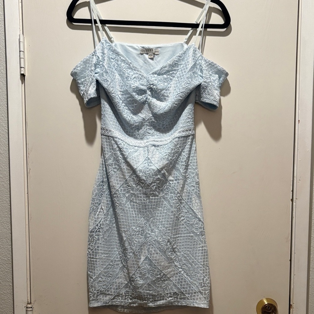 Guess Elegant Light Blue Lace Off-Shoulder Dress